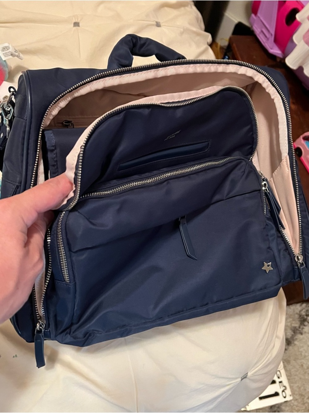 Ju-Ju-Be Navy and Light Pink Diaper Bag Backpack